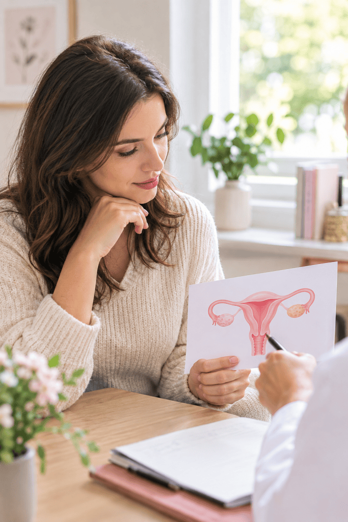 Pacientă care urmărește explicațiile medicului pe o schemă a aparatului genital feminin