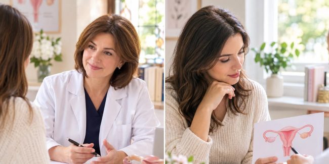 Secreții vaginale – consult ginecologic Medic ginecolog în discuție cu o pacientă și pacientă care privește o schemă a aparatului genital feminin